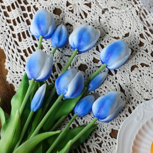 mizii 15Pcs Blue Tulips Artificial Flowers Latex Plastic Real Touch Fake Tulips Flowers Look Real Faux Tulip Flower Bouquet Decoration for Vase Room Table Centerpieces Home Decor (White Blue) - color: White Blue
