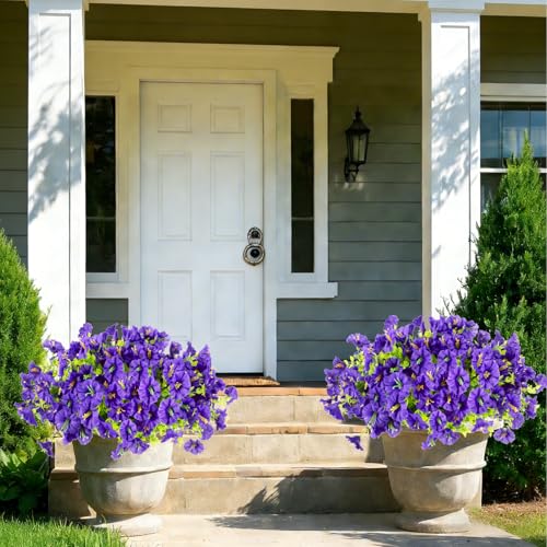 BSGlobal 12 Bundles Artificial Flowers for Outdoors Decoration, Faux Silk Morning Glory Flowers UV Resistant Fake Eucalyptus Plants for Spring Summer Garden Patio Home Decor (Purple) - color: Purple