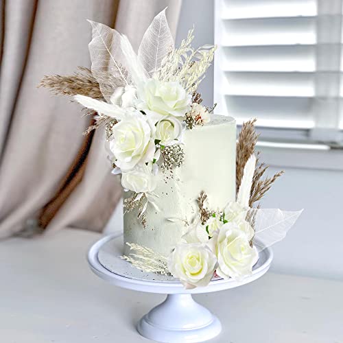 Natural Boho Cake Topper Vintage Artificial Flowers Leaves Various Dried Pampas Grass Cake Decor for Wedding Bridal Birthday Party Supplies (White) - color: White