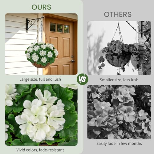 Artificial Geraniums Flowers with Hanging Baskets for Outdoors, Realistic White Geraniums Flowers Vines Artificial Hanging Planters for Indoor Outdoor Patio Porch - color: White, size: Large