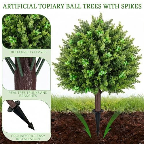 Artificial Pine and Cypress Fruit Topiary Trees with Spikes for Outdoor 24" Set of 2, UV Resistant Faux Greenery Shrubs, Realistic Fake Bushes Plant for Garden Yard Front Porch Patio Decor - color: Cypress