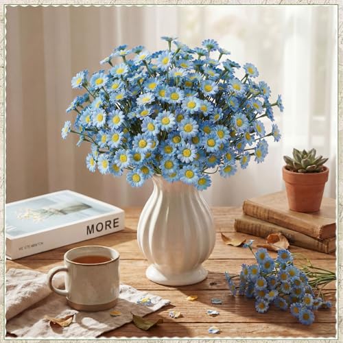 48 Pcs Small Daisy Flowers Artificial 10.6 Inch Fake Daisies Silk Floral Bouquets Spring Wildflowers with Stems Floral Arrangements for Vase Wedding Centerpiece Table Decor(Blue) - color: Blue