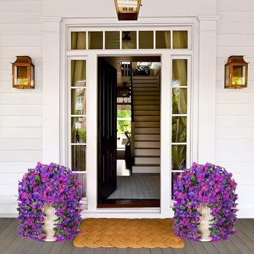 2 pcs Artificial Faux Bougainvillea Flowers Plants for Outdoor Outside Summer Decoration, Fake Silk UV Resistant Long Trailing Vines for Front Door Porch Planter Balcony, Deep Purple Deep Lotus - color: Dark Purple Dark Lotus