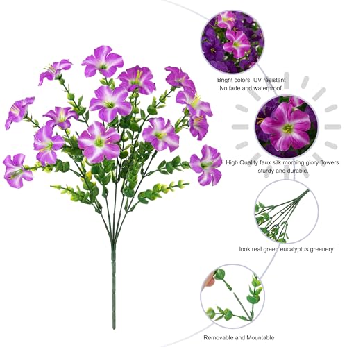 Artificial Flowers for Outdoors Decoration, 20 Bundles Faux Morning Glory with Eucalyptus Look Real UV Resistant Fake Plants Silk Flowers for Outside Yard Gardens Porch Patio Planter Home Urn, Mix - color: 2 Color(10 Purple, 10 Gradient Fuchsia)