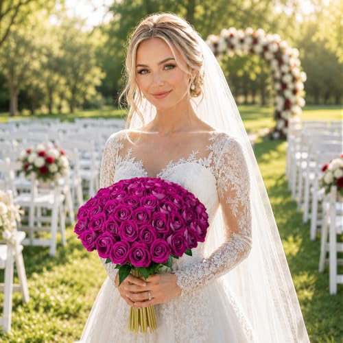 50 PCS Magenta Roses Artificial Flowers, Real Looking Fake Roses with Long Stems Silk Flowers for DIY Wedding Bouquet Party Celebration Home Bridal Baby Shower Decoration Birthday Gift for Her Wife - color: Magenta