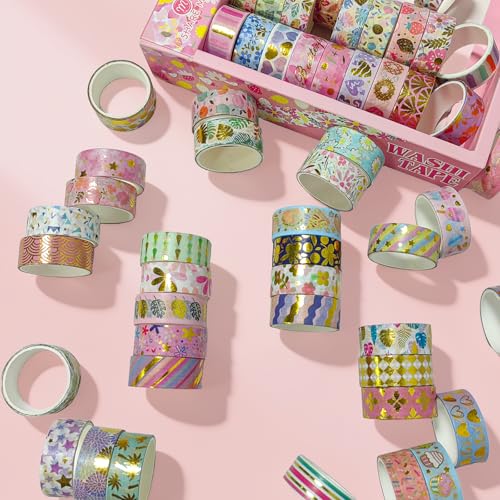 60 Rolls Floral Washi Tape Set,Flower Patterns Decorative Skinny Blooms Masking Tapes with Gold Foil Supplies for Arts,Scrapbook,Planner,DIY Arts and Crafts,Gift Wrapping