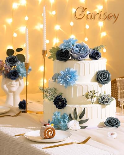 Garisey Artificial Flowers Combo Box Set Dusty Blue Flowers for DIY Wedding Bouquet Arrangements Bridal Shower Party Home Decorations(White Blue Rose) - color: White Blue Rose