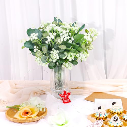 100 Pcs 4 Kinds Artificial Eucalyptus Greenery Stems Bulk | Fake Silver Dollar Leaves with Babys Breath Greenery, Faux Plants for Centerpieces Wedding Bouquet DIY Home Decor - size: 100 PCS