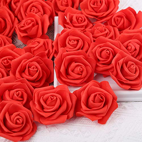 IPOPU 100 Pcs Artificial Flowers Roses Flower Heads Coral Red Foam Fake Roses for DIY Craft Wedding Centerpieces Arrangements Party Baby Shower Cake Decor Home Decorations (Red, Stemless) - color: Red 100pcs