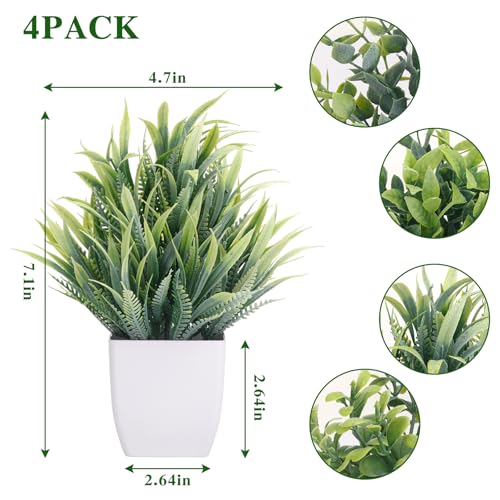 CEWOR Fake Plants 4 Packs Small Artificial Greenery Mini White Potted Plants Bathroom Accessories Decorations for Desk Bathroom Office Home Room Kitchen Table Indoor - color: Grey1