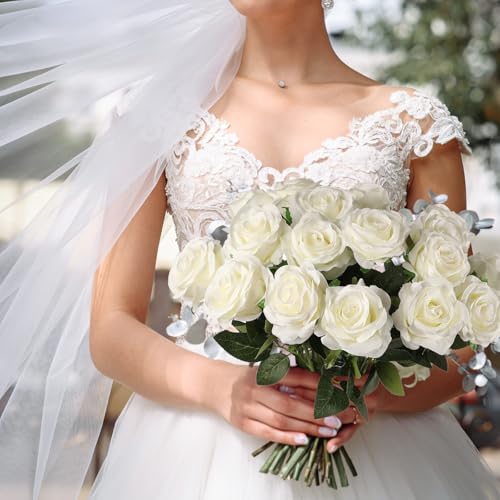 Nubry 24pcs Artificial White Roses, Fake Silk Roses Flower with Long Stems, Realistic Flowers for Bridal Wedding Party Table Centerpiece Home Decor - color: White