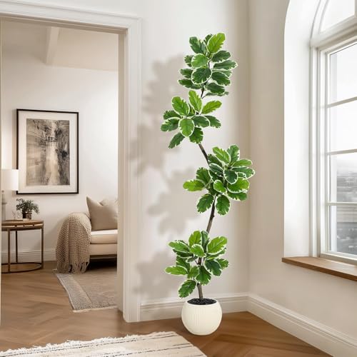 Garvee Fiddle Leaf Fig Tree Artificial Indoor, Faux Floor Plant, 6FT Tall Fake Plant with Planter and Pebbles, Artificial Trees for Home Decor Indoor,Tall Fake Tree for Housewarming - size: 6ft