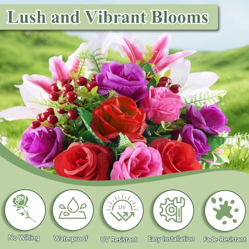 Consevisen Artificial Cemetery Flowers for Grave with Vase, Set of 2 Silk Rose Lily and Red Berry Realistic Memorial Bouquets with Resin Vases, Outdoor Grave Decorations for Headstones