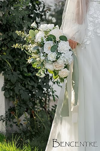 14 Inch White Bridal Bouquet,Wedding Bouquet,Bride Bouquets for Wedding Ceremony Anniversary, Party and French Rustic Vintage Wedding,Artificial Flowers - color: White & Greenery, size: 14 Inch