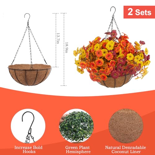 Hananona 2 Set Artificial Outdoor Fall Flowers with Hanging Basket, 2 Hanging Planters with 24 Pcs Flowers for Autumn Front Porch Garden Patio Home Decor (2, Orange,Yellow,Burgundy) - color: Orange,yellow,burgundy