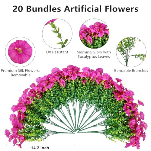 Bassion Artificial Flowers for Outdoors, 20 Bundles Silk Fake Flowers UV Resistant Realistic Morning Glory Faux Eucalyptus Plants for Outside Planters Porch Window Box Garden Indoor Decor - color: Fuchsia