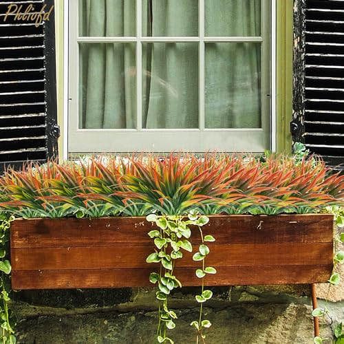 16Pcs Artificial Grass Fake Plants 17.3in Outdoor Plastic Plants UV Resistant Greenery Fake Grass for Home Window Garden Patio Hanging Planter Pathway Front Porch Décor Red - color: Red, size: 16 Pcs