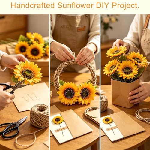 6 Pack Artificial Sunflower with Stem and Big Head Fake Silk Flowers Bulk + Greeting Cards, Faux Sunflower Bouquet for Birthday Gift, Mother's Day Decor - color: 6pack-short