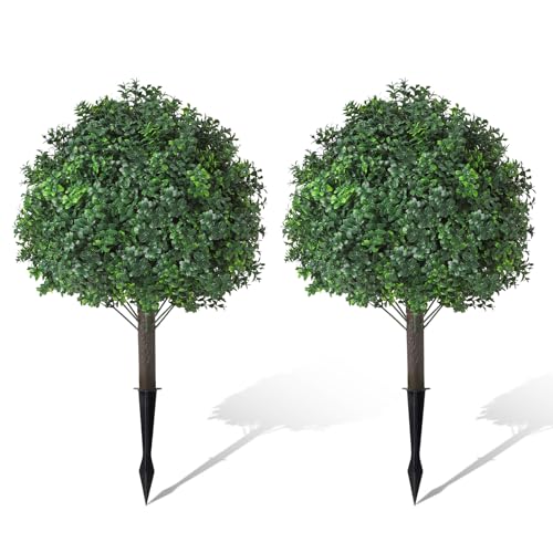 Boxwood Topiary Balls Artificial Outdoor Set of 2,UV Resistant with Spike Faux Plants for Garden,Indoor, Porch,Yard, Balcony Decor - color: Boxwood, size: 24x16''