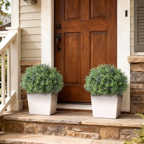 2 Sets Artificial Rosemary Topiary Ball Trees for Front Door - UV Resistant Faux Outdoor Rosemary Bushes, Fake Spring/Summer Greenery Potted Plants for Farmhouse Garden Porch Outside Decor