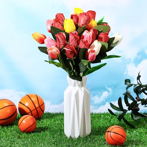 Suhine 12 Pcs Artificial Basketball Rose Flowers Sports Party Favors Bulk for Birthday Graduation Wedding Party Decoration Table Centerpieces Mom Team Coach Senior Night Gift(Basketball Color, Normal) - color: Basketball Color, size: Normal