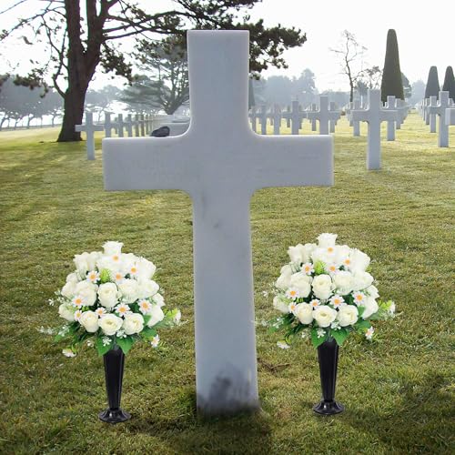 Wocst Artificial Cemetery Flowers for Grave Memorial Day Flowers for Cemetery,2Pack Artificial Silk Roses Daisy Bouquets with Cemetery Vases for Outdoor Grave Decorations ﻿ (White) - color: White
