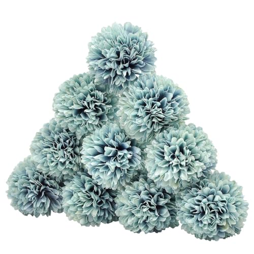 10Pcs Artificial Fake Flower Plants Silk Chrysanthemum Ball Hydrangea Arrangements Wedding Bouquets Decor Home Kitchen Garden Party Table Floral Centerpieces DIY (Grey Blue) - color: Grey Blue