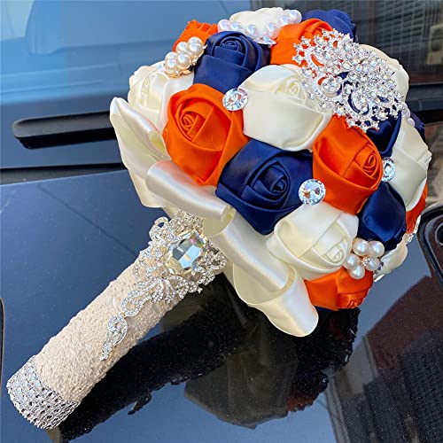 Sharebeauty 7.9 Inch Handmade Satin Rose Bridal Bouquet Toss Round Wedding Bouquet Throw Toss Artificial Flower Bunch Navy Blue + Orange + Ivory - color: W3217d13 Navy Blue/Orange/Ivory