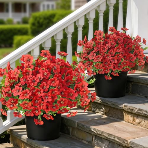 2 Set of Artificial Morning Glory & Eucalyptus Topiary Trees - Faux Silk Flower Potted Plants, UV-Resistant Fake Outdoor Morning Glory Bushes for Front Door, Yard, Farmhouse, Garden Decor (Red) - color: Red
