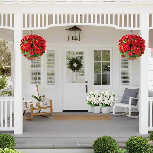 Artificial Geranium Flowers in Pot for Outdoors Fake Plants 14 Inch Faux Flowers Spring Summer Decoration for Home Front Door Garden Planter Patio Balcony Yard Indoor Outdoor (Red) - color: Red