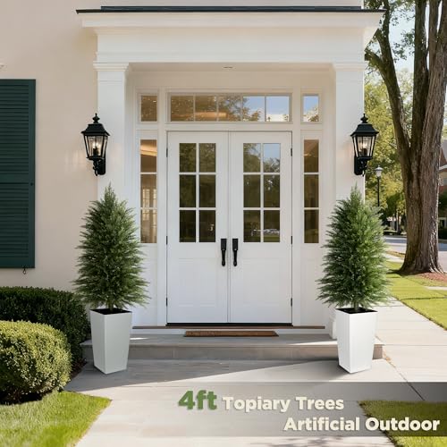 4FT Tall 2 Pack Artificial Cedar Topiary Trees with Full Bushy Columnar Shape, Realistic Faux Cypress in Square White Pot with Fillable Water Bag, Outdoor Evergreen for Front Porch Garden Home Decor - color: White-columnar Arbor, size: 4ft-2pack