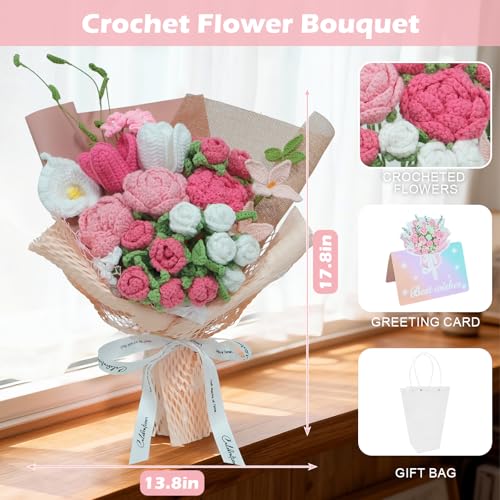 Crochet Flowers Bouquet,Handmade Luxurious Knitted Rose Tulips,Artificial Flower Bouquet for Her, Wife,Lover ,Girlfriend ,Mother, Anniversary,Graduation,Friends,Valentines Day (with Gift Bag&Card) - color: Rose&pink, size: X-Large