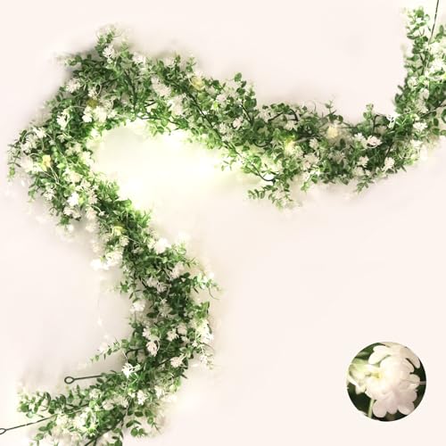RECUTMS Greenery Vines Garland 3 Pack Artifical Garland with Lights Hanging Greenery Table Garland Greenery Artificial Green Leaves for Mantel Wedding Backdrop Arch Wall Indoor Outdoor Decor(White) - color: White With Lights