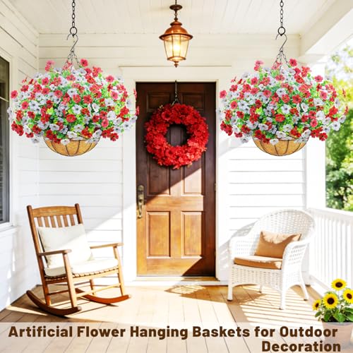 2 Pack Artfiticial Hanging Flowers Baskets for Outdoors, UV Resistant Faux Hanging Plants, 24 Pcs Fake Silk Flowers for Patio Garden Front Porch Balcony Decor (Red White) - color: Red White