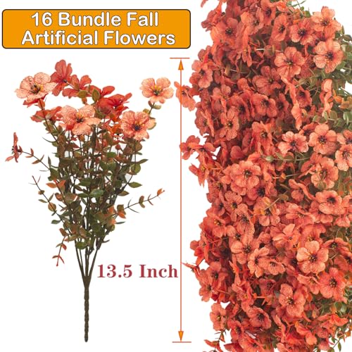 Grunyia Fall Outdoor Artificial Flowers 16 Bundles - UV Resistant Faux Daisy with Eucalyptus Leaves, Weatherproof Fake Plants for Porch, Patio, Garden Decor, Indoor Outdoor Decor (Fall Orange Red) - color: Fall Orange Red