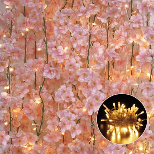 Sunm Boutique 12-Pack 70.8 Ft Artificial Cherry Blossom Garland Cherry Blossom Hanging Vine with 65.6 Ft Long 160 LED String Lights Silk Sakura Vines Garland for Wedding Party Home Decor, Pink - color: Pink With Light, size: Pack of 12