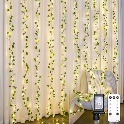 suddus 300 LED Vines with Lights Plug in, 9.8ft x 9.8ft Fairy Lights with Vines, Ivy Curtain Lights for Wall, Bedroom, Dorm, Wedding, Party, Indoor, Outdoor Decor(Warm White) - color: Ivy, size: Plug In-300Led
