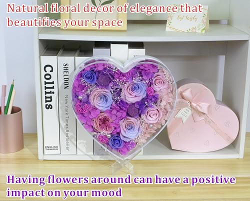 Valley of Rain & Forest Long-Lasting Real Flowers With Delivery | "Sweet" Preserved Floral Gift With Lights For You to Send Love, Romantic Home Decor (Forever Purple & Pink Roses Arrangement) - color: Purple & Pink Roses