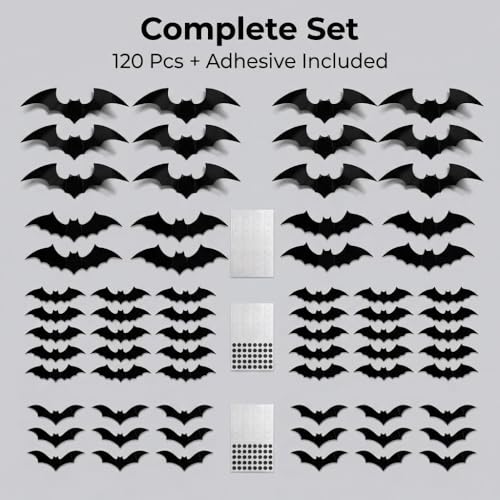Halloween Decorations, Bats Wall Decor, 4 Size Waterproof Black Spooky Bats for Room Decals, 120 Pcs 3D Bat Stickers for Home Decor