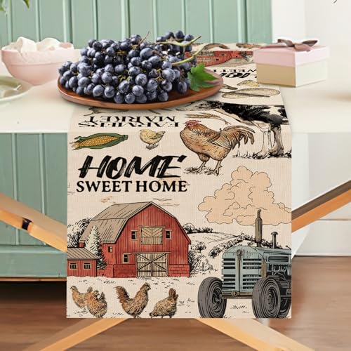 Farm Animals Dining Table Runner, Farmhouse Country Cow Lamb Pig Chicken Duck Barn Tractor Burlap Kitchen Decoration, Farmer Market Indoor Outdoor Sweet Home Decor Party Supply 13 x 36 Inches - color: Farm, size: Table Runner 13''X36''