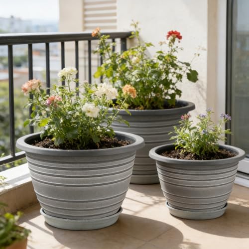 KPUVX Large-Planter-Indoor-Outdoor Plant Pots, 12 inch 3 Pack Plastic Flower Pots with Saucer and Drainage Holes, Retro Antique Imitation Decorative Garden Containers Sets for Houseplant - color: White