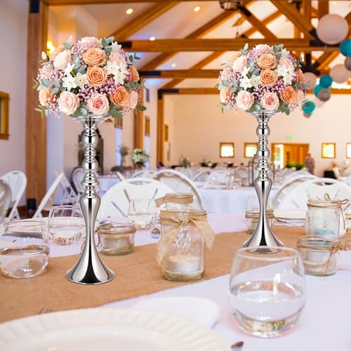 Sadnyy 2 Pcs Sliver Metal Flower Arrangements Stand Tall Wedding Centerpiece Stand Table Decor Flower Vase for Wedding Reception Event Party Dinner Home Decor(16.9 Inch) - size: 16.9 Inch