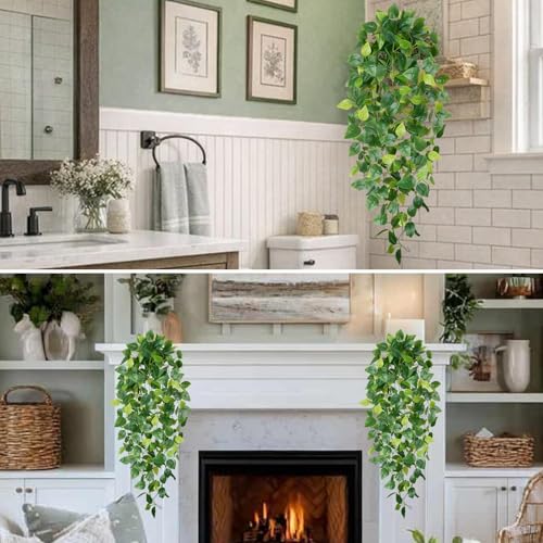 6Pcs Artificial Pothos Fake Hanging Plants Vines Faux Hanging Plants Fake Ivy Vines Pothos Leaves Artificial Greenery for Aesthetic Wall Kitchen Bedroom Shelf Living Patio Home Indoor Outdoor Decor - color: Green-6pcs