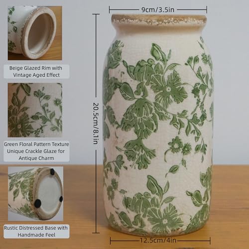 Vintage Green Floral Ceramic Vase, 8 Inch Crackle Glaze Rustic Handmade Vase, Decorative Pottery for Fresh or Dried Flowers, Farmhouse Cottage Modern Rustic Decor - size: Medium - Tall Cylinder Vase