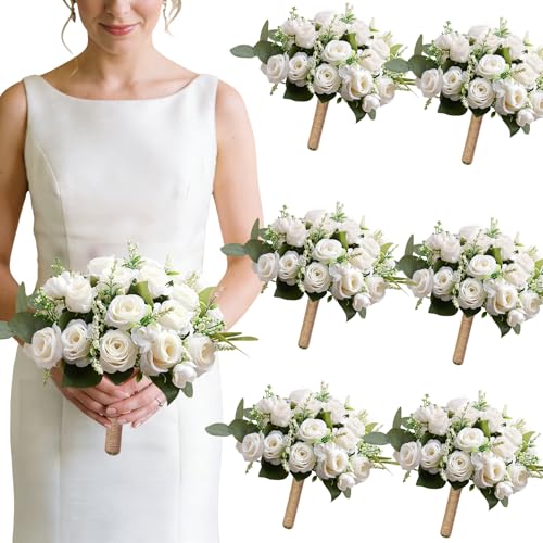 Ivory Bridesmaid Bouquet Set of 6, White Wedding Bouquets for Bridesmaids, 8.5 Inch Wedding Floral Arrangements Flowers Table Centerpieces Decor Artificial Flower Bouquet for Prom Party - color: 6pcs White Rose Bouquet