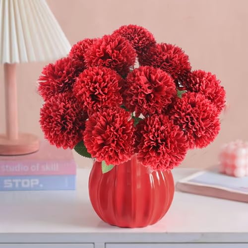 Hananona 12 Pcs Artificial Chrysanthemums Flowers Burgundy Red Flowers, Fake Mums Silk Flowers for Spring Home Decor Christmas Floral Arrangement Halloween Table Centerpiece (12, Burgundy) - color: Burgundy