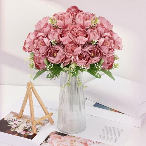 12 Bundles Peonies Artificial Flowers Artificial Peonies Silk Flowers Fake Peonies Artificial Flowers Wedding Home Table Decoration Realistic Peonies Bouquet for Centerpiece Table (Dusty Rose) - color: Dusty Rose