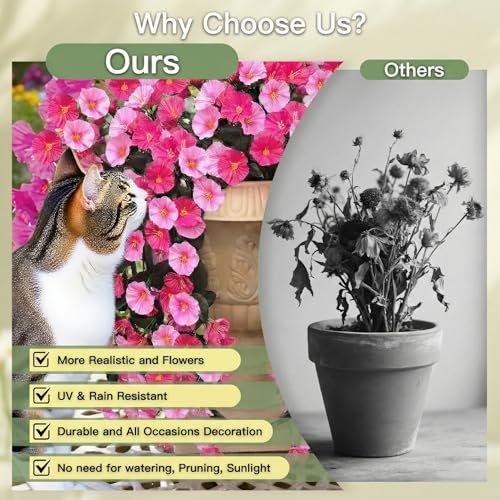 Artificial Flowers for Outdoors Fake Pink Morning Glory Hanging Flower Decoration, 2Pcs Realistic Faux Plants Petunias Long Trailing Vines,Spring Decor for Porch Patio Balcony Planter Yard - color: Morning Glory - Dobule Pink