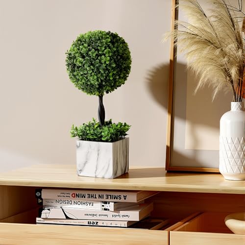 Lewondr 16'' Artificial Topiary Ball Tree, Small Potted Fake Plants, Artificial Boxwood Plants with White Planter Pot, Outdoor Indoor Realistic Faux Shrubs Tree for Home Office Porch Decor, Set of 1 - size: 1 Pack