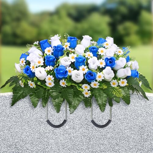 Dolicer Artificial Cemetery Flowers for Grave, Headstone Flower Saddle Look Real Grave Memorial Flowers for Cemetery UV Resistant Rose Flowers for Headstones Cemetery Grave Decorations (Blue, White) - color: Blue, White, size: Headstone Saddle